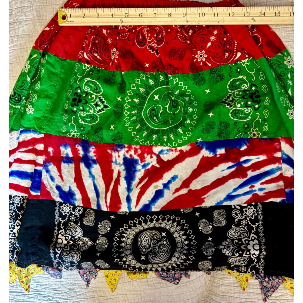 Handmade Patchwork Bandana Tie Dye Midi Skirt Boho Tiered Pointed Hem Multi